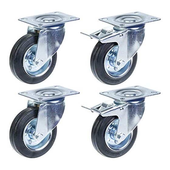 100mm 4" kumirengas, kääntyvä ja jarru, vahva 360kg kantavuus, 4 kpl:n sarja.