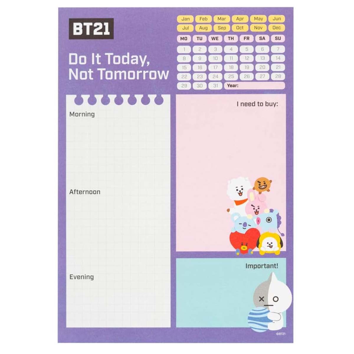 A5-päiväkirja BT21-hahmojen designilla ja 54 irrotettavalla arkilla