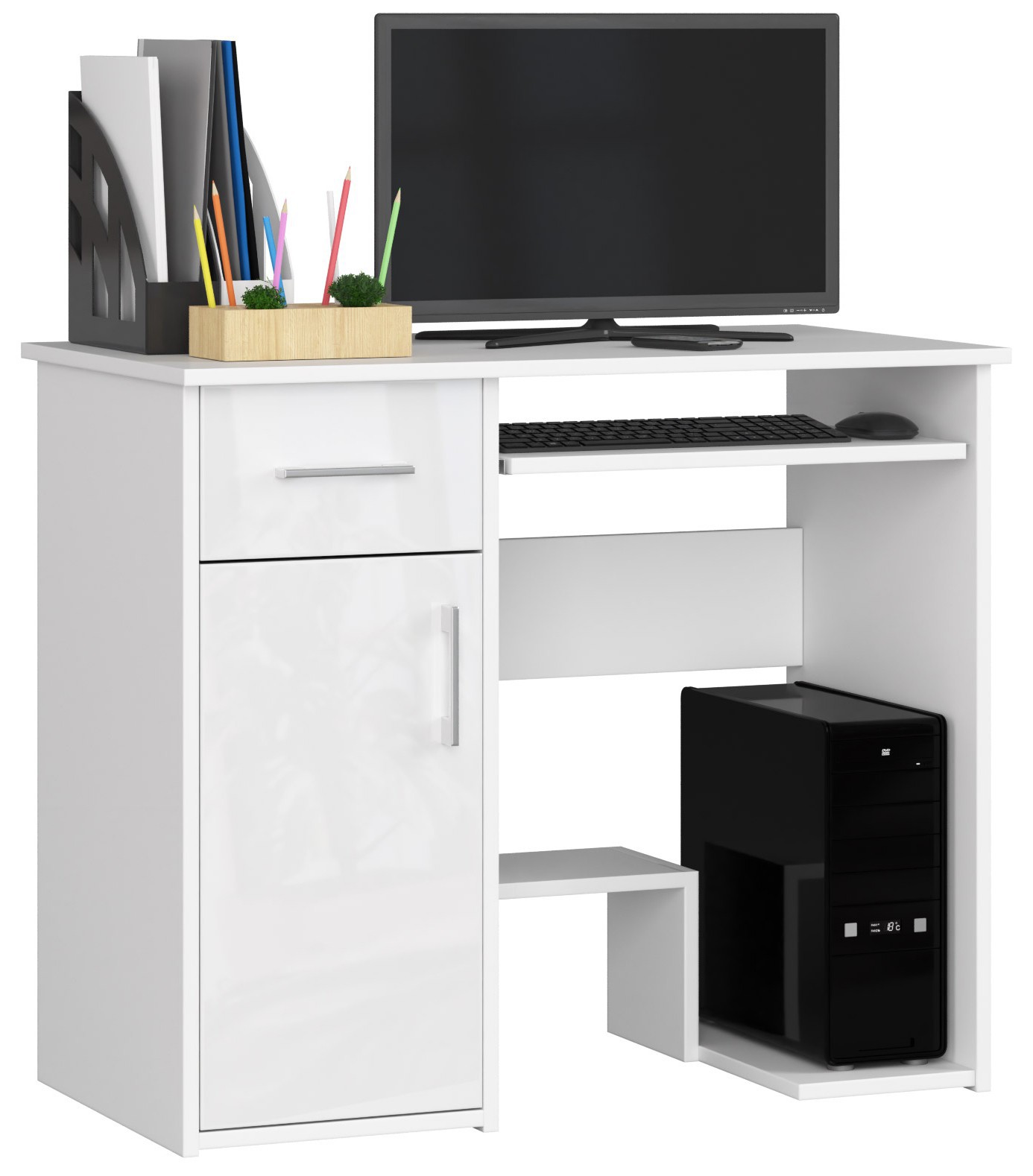 Akord Kirjoituspöytä Pin 1 laatikko 1 kaappi vasen Valkoinen/Korkeakiilto 90x50x74