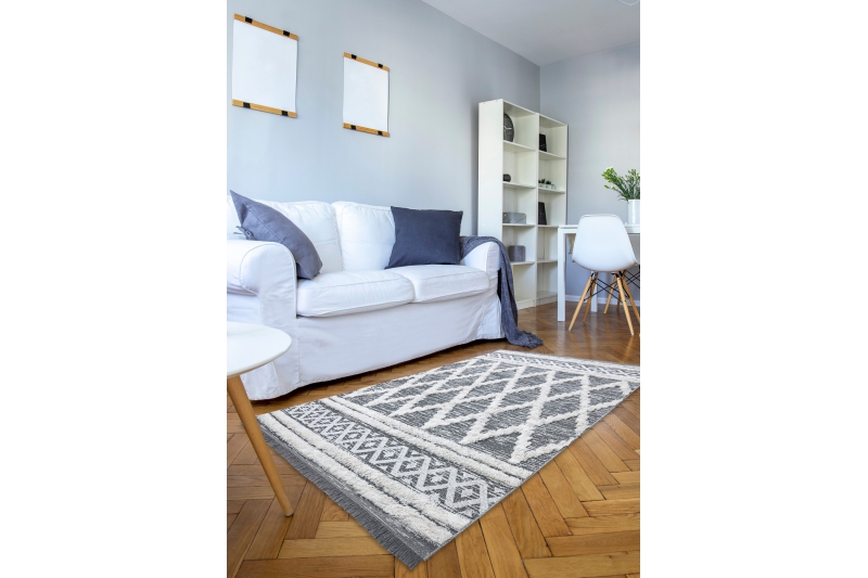 Matto MOROC Rooma 22297 Ekologinen, EKO SIZAL tupsut - harmaa / kerma, kierrätetty puuvillamatto 136x190 cm