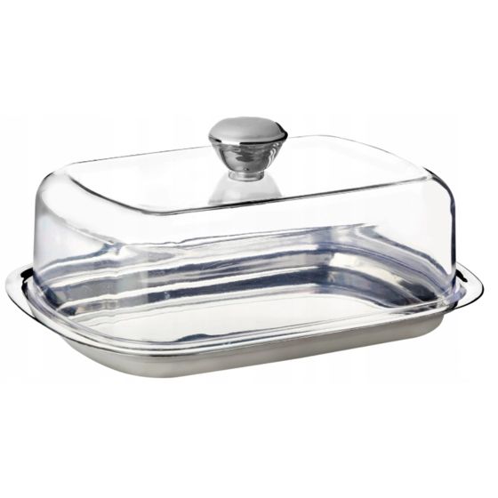 Läpinäkyvä ruostumattomasta teräksestä valmistettu voiastia kannella 15,5x11,5 cm