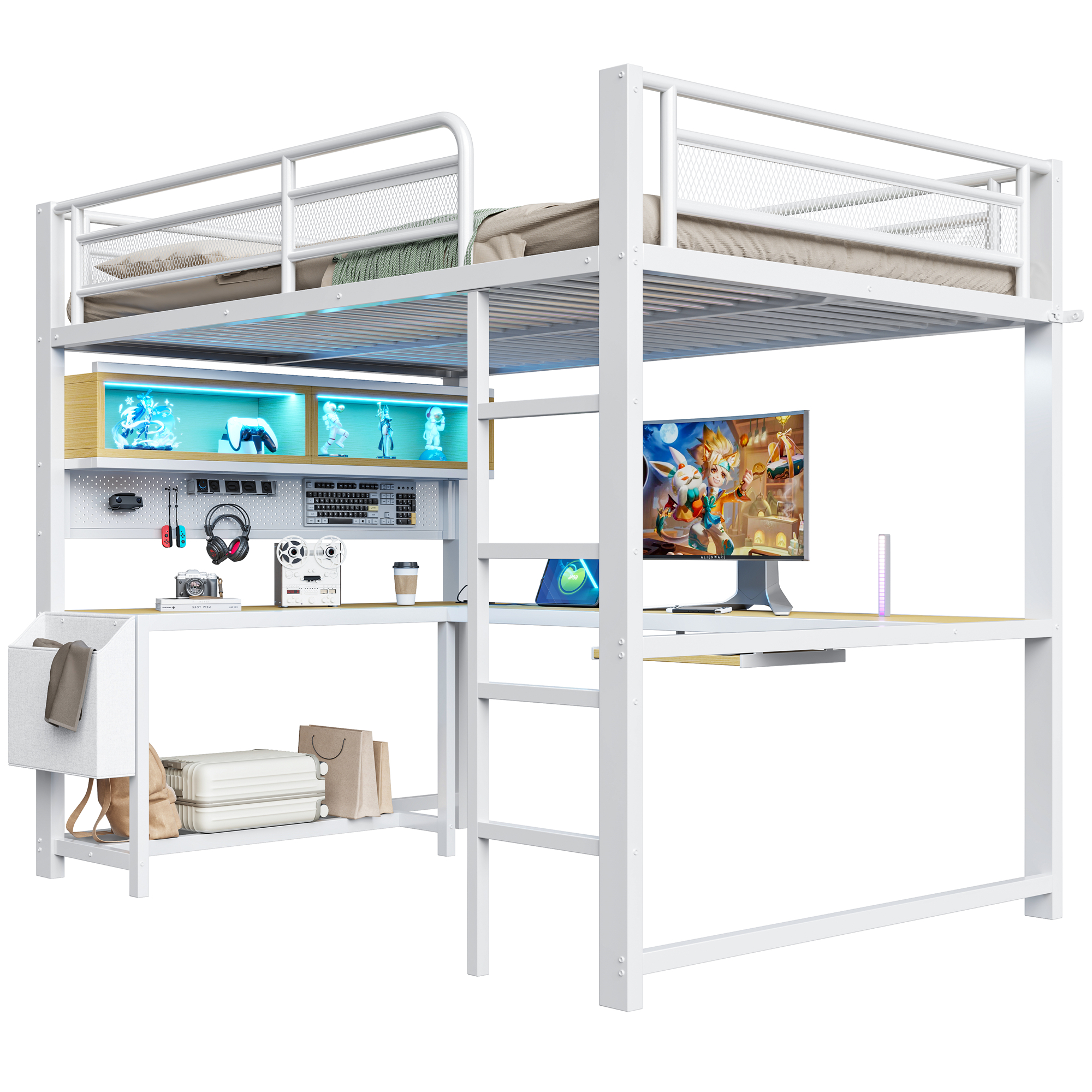 sänky 140x200 cm schreibtisch säilytystila LED-valaistus valkoinen MDF ja metalli