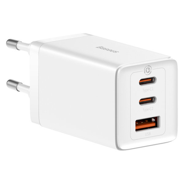 GaN 2x USB-C USB 65W Nopea Seinälaturi + USB-C Kaapeli Valkoinen