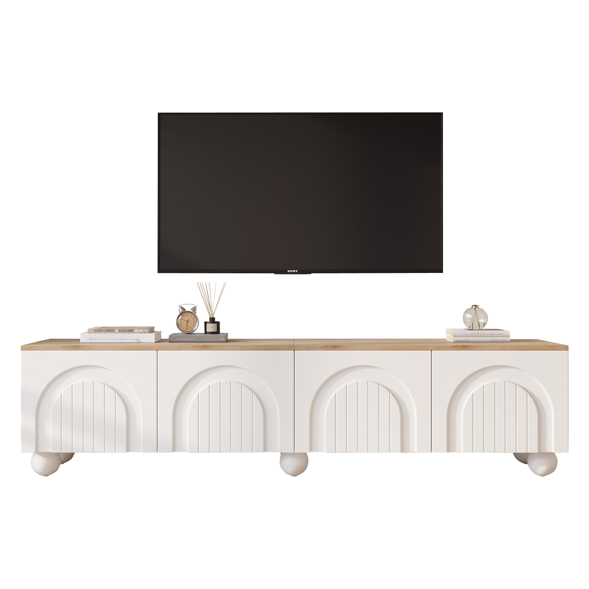 TV-taso 180x40x45 cm valkoinen ja tammen värinen MDF säilytyksellä ja liukuovilla