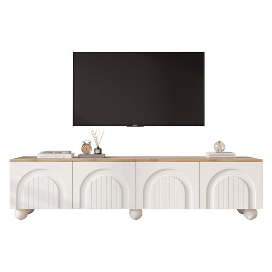 TV-taso 180x40x45 cm valkoinen ja tammen värinen MDF säilytyksellä ja liukuovilla