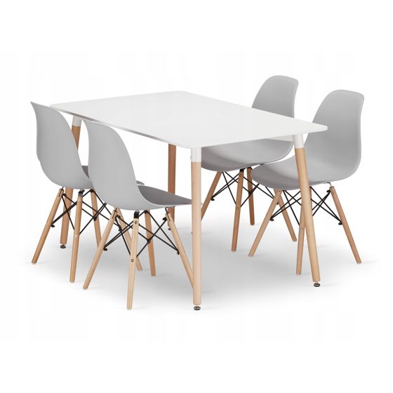 ADRIA suorakulmainen pöytä 120x80 valkoinen, 4 OSAKA-tuolia harmaa