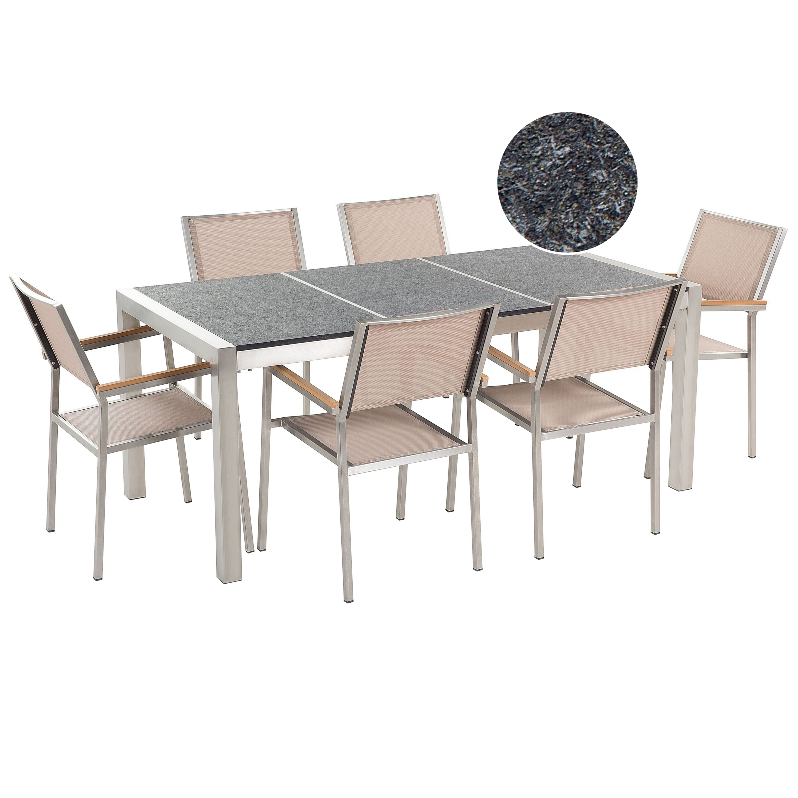 Ulkoruokailuryhmä 6-istuttava GROSSETO kolmiosainen taso Basaltti Poltettu Musta/beige