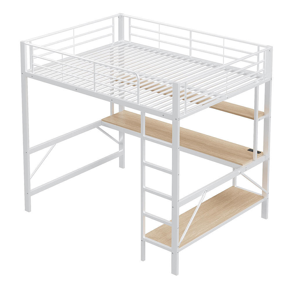 Valkoinen 140x200 cm sänky työpöydällä