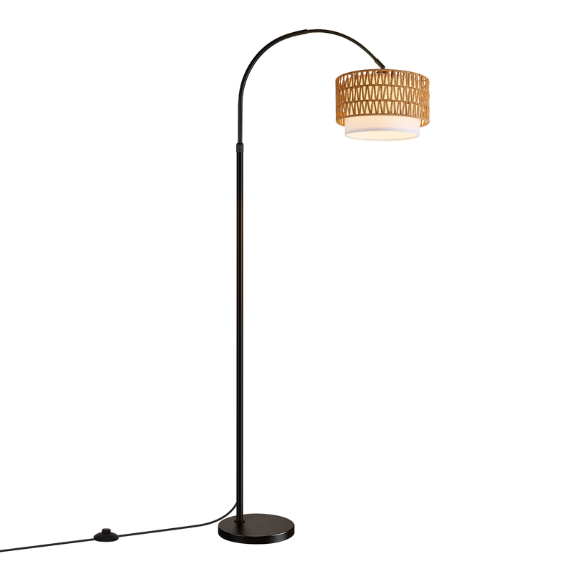 NETTLIFE Kaari lattiavalaisin, musta rautajalka, kangasvarjostin Ø30 cm, marmorijalusta Ø26 cm, korkeus 181 cm, ilman valonlähdettä