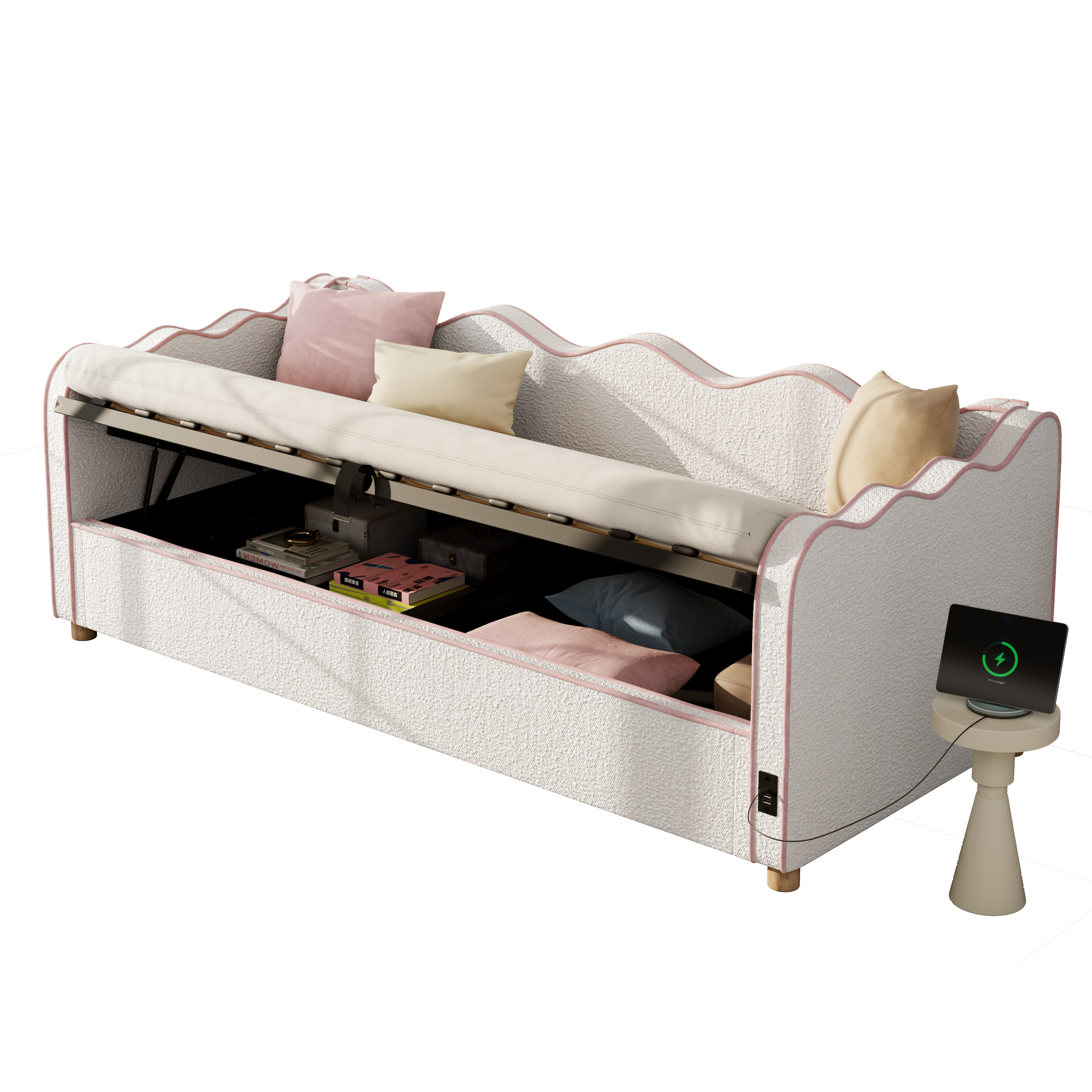 sänky 90x200 cm hydraulisella säilytystilalla, bouclé, beige, puinen sängynrunko