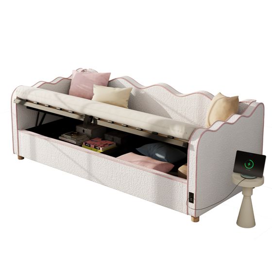 sänky 90x200 cm hydraulisella säilytystilalla, bouclé, beige, puinen sängynrunko