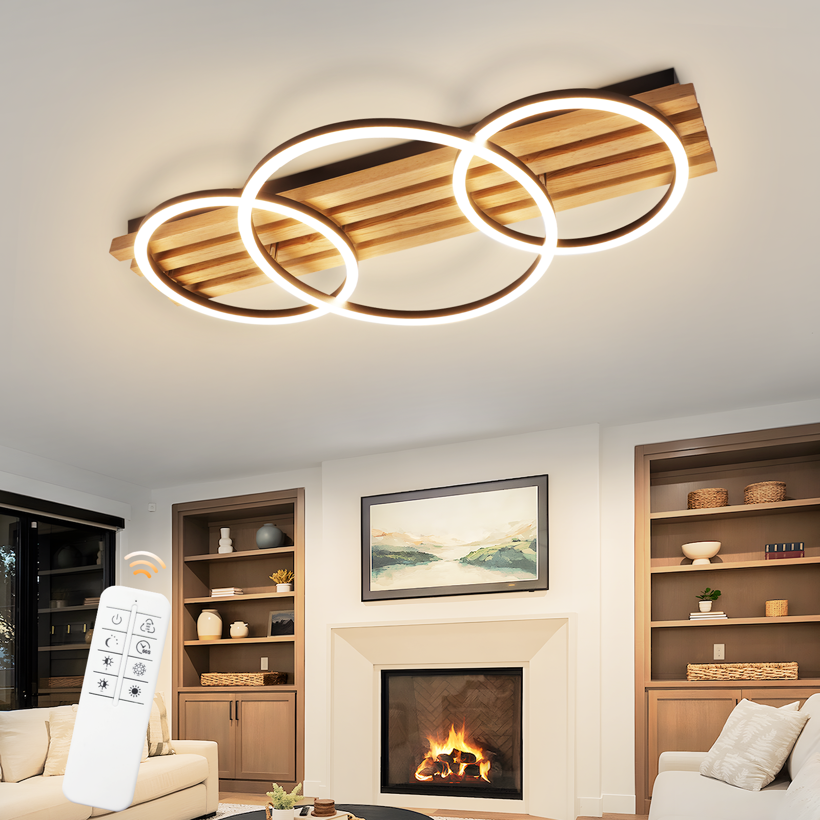 ZMH Himmennettävä LED-kattovalaisin puinen: 70 cm, 46 W, 3 rengasta, moderni muotoilu, kaukosäädin