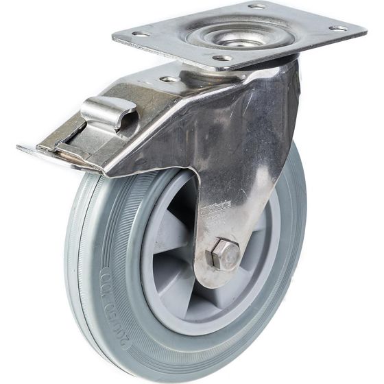 200mm 8" ruostumattomasta teräksestä valmistettu pyörä harmaasta kumista, kääntyvä jarrulla, 205kg.