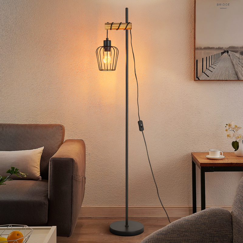 NETTLIFE puinen lattiavalaisin Vintage-lattiavalaisin: Musta olohuoneen lattiavalaisin E27-kanta 146 cm (ilman lamppua)