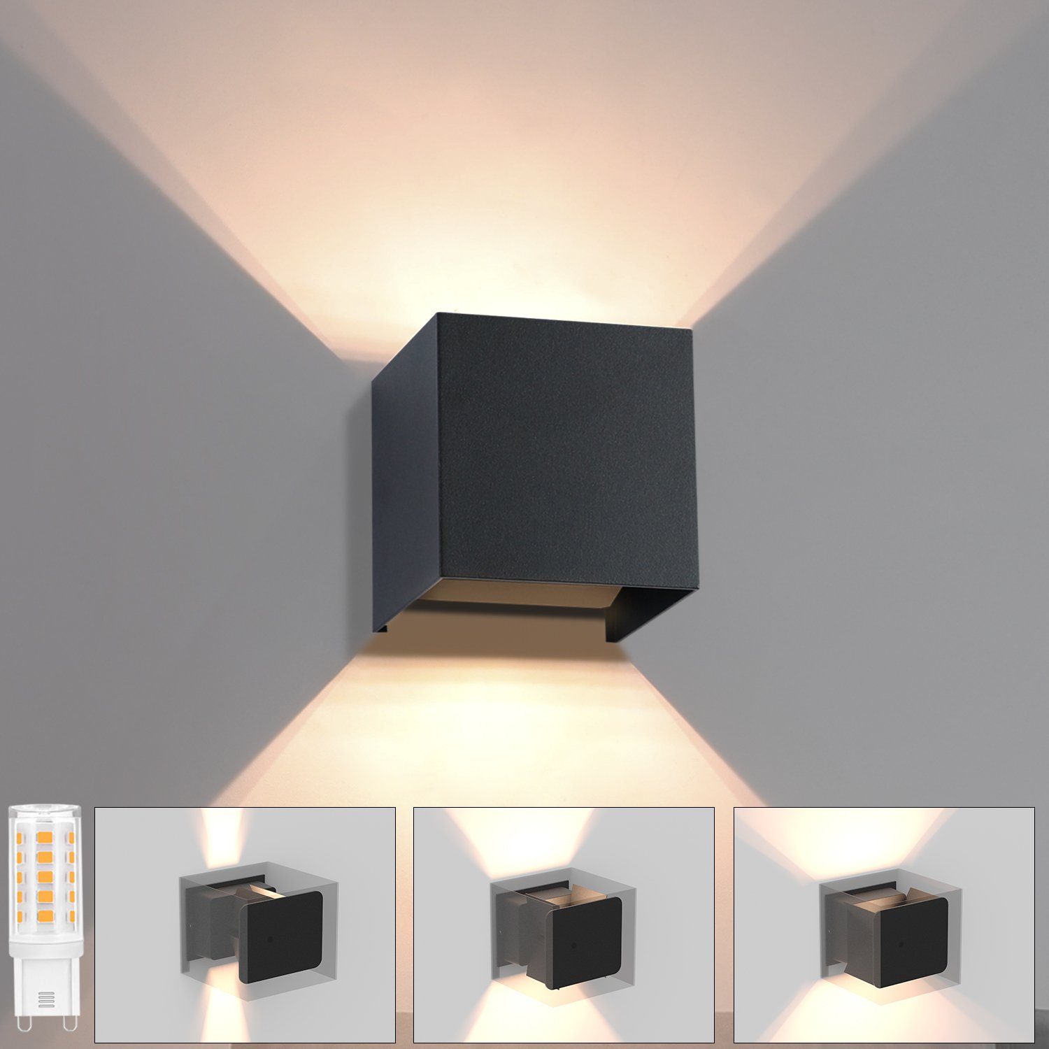 NETTLIFE musta LED - ulkoseinävalaisin, ylös ja alas, IP65, 3000K, portaikkoon