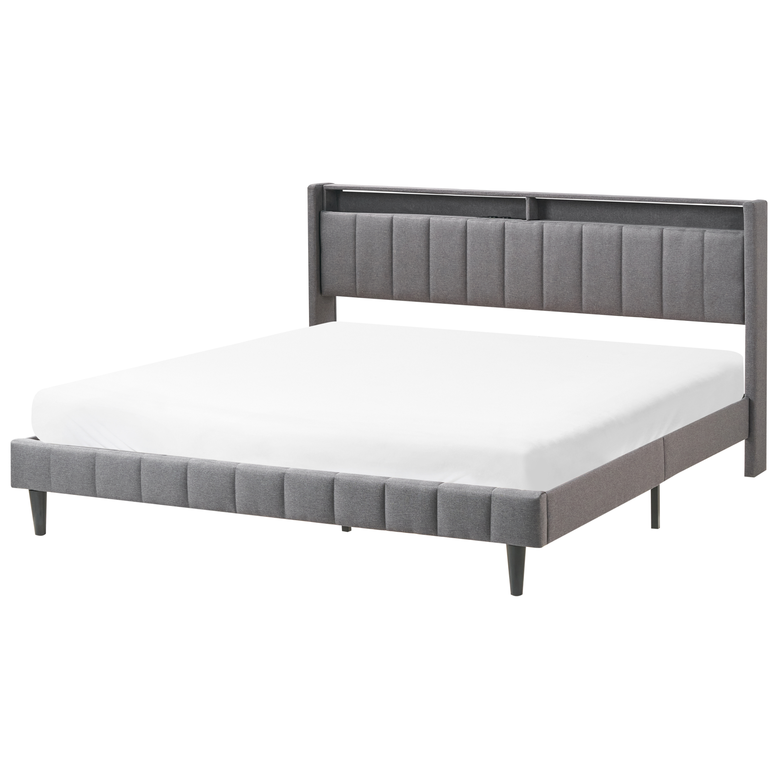 Sänky LED-valoilla kangas BEAULIEU 180 x 200 cm USB-portilla säilytystila Tummanharmaa