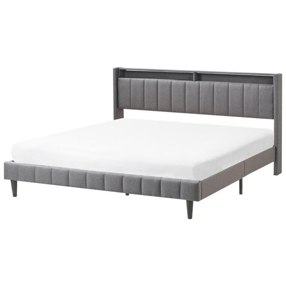 Sänky LED-valoilla kangas BEAULIEU 180 x 200 cm USB-portilla säilytystila Tummanharmaa