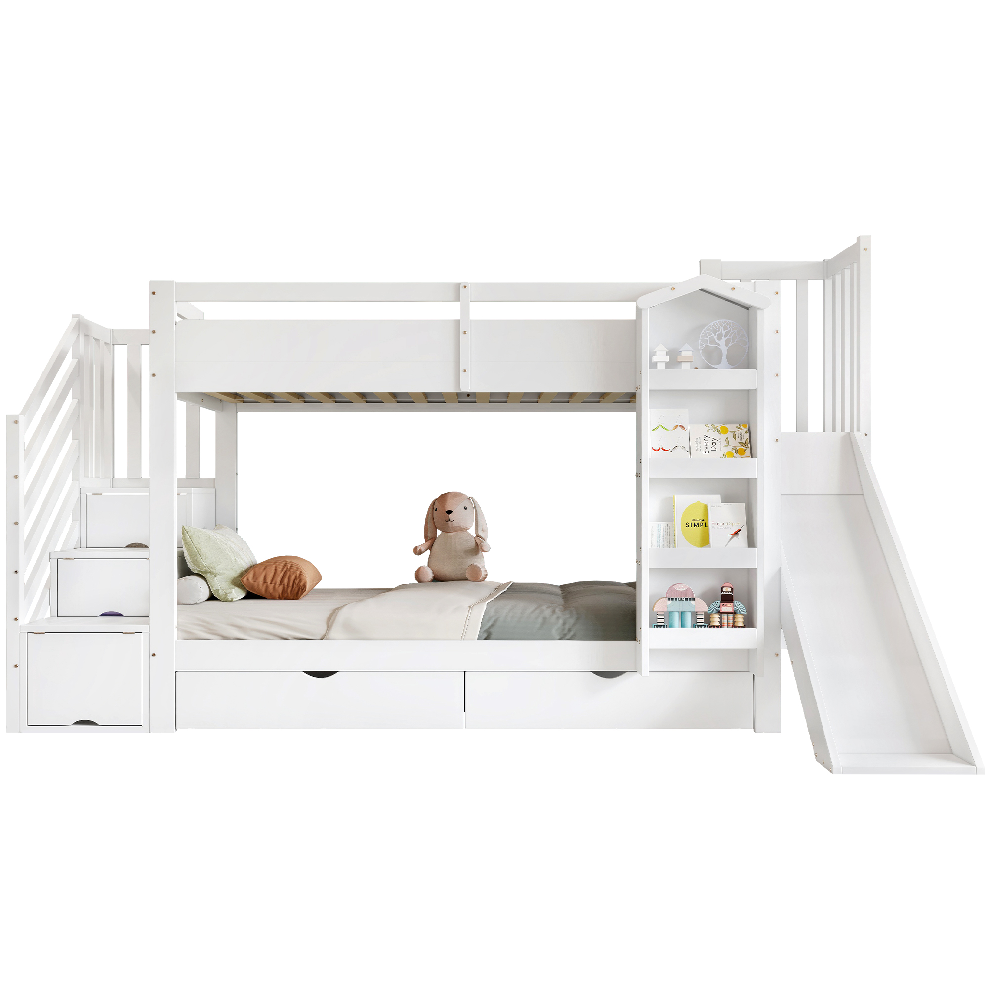 Kerrossänky, 90x200 cm, lapset, kirjahylly, liukumäki, säilytysportaat, valkoinen