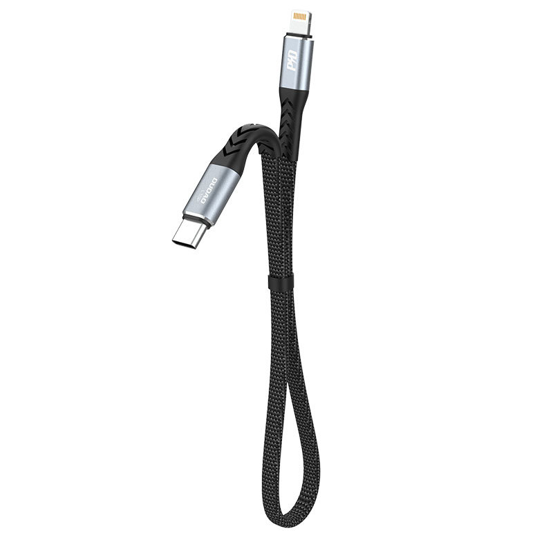 Litteä lyhyt kaapeli iPhone USB-C - Lightning L10P PD 20W 23cm musta