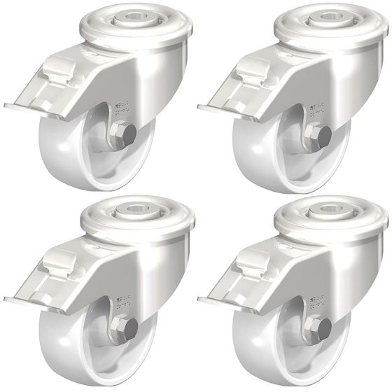 80mm 3" ruostumattomasta teräksestä valmistettu valkea nailonpyörä, kääntyvä jarrulla, 600kg, 4 kpl:n sarja.