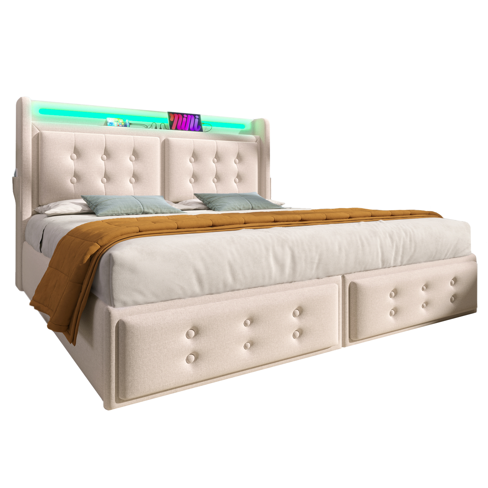 sänky 160x200 cm led-valaistus ja usb-c lataustoiminto beige puinen ja metallinen runko