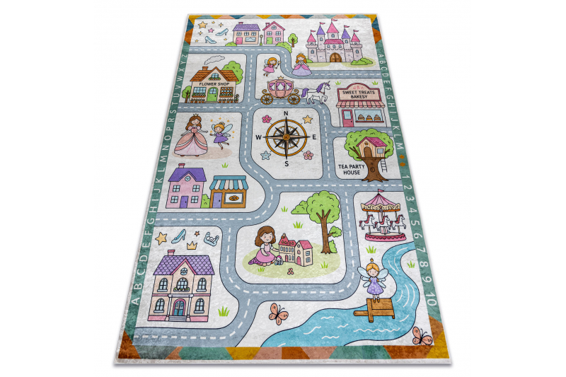 BAMBINO 61430 matto Prinsessa, aakkoset, kadut lapsille liukumaton - harmaa / pinkki 140x200 cm