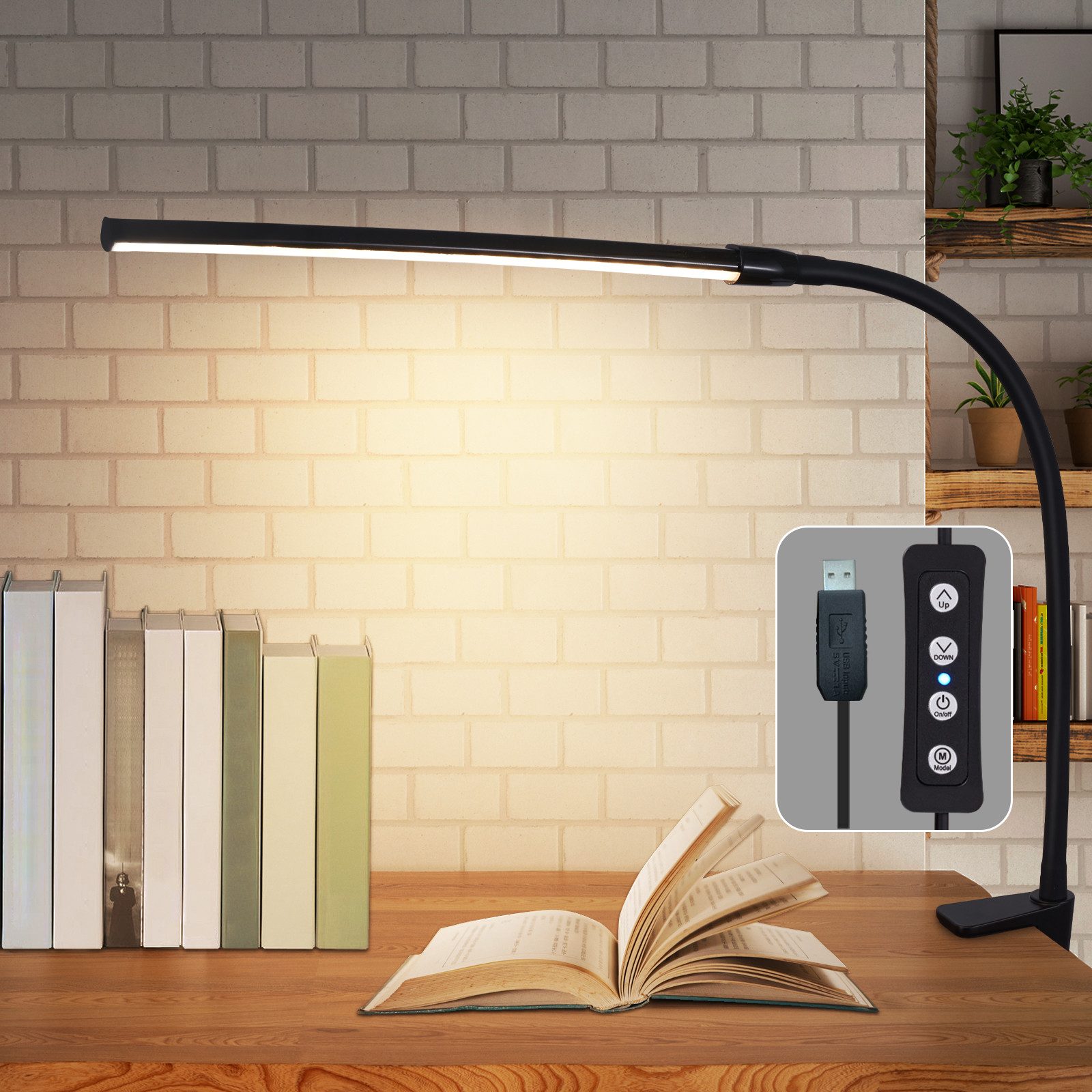 NETTLIFE LED - pöytävalaisin, musta, puristin, 3Väriä, 5Kirkkaustasoa, USB, 5W, päivänvalolamppu, joustava, silmiensuoja