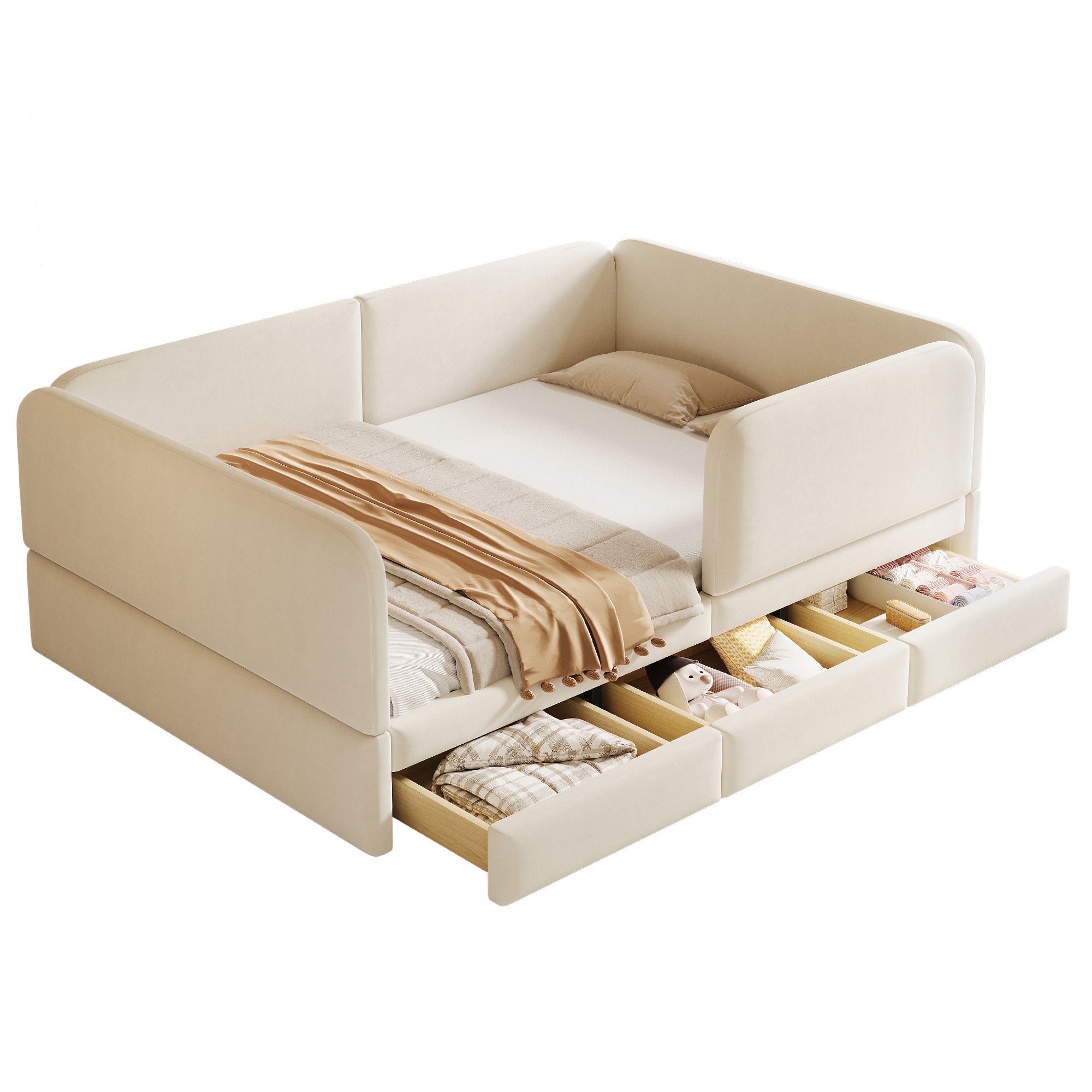 Lastensänky 140x200 cm turva-aidat ja säilytystila beige sametti