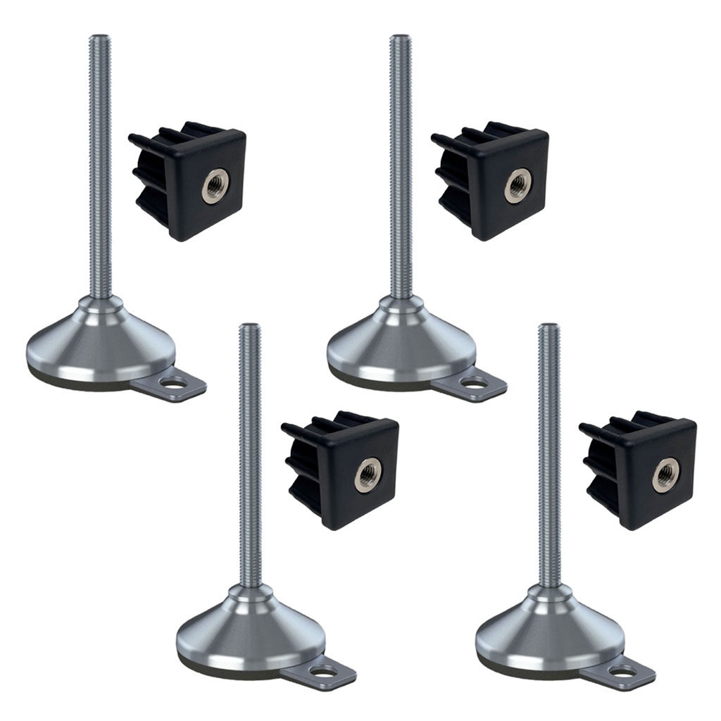 Ruostumaton jalka 12x150x80mm, tyyny ja kiinnitysreikä+insertit 30x30x1.5mm -Sarja 4 kpl