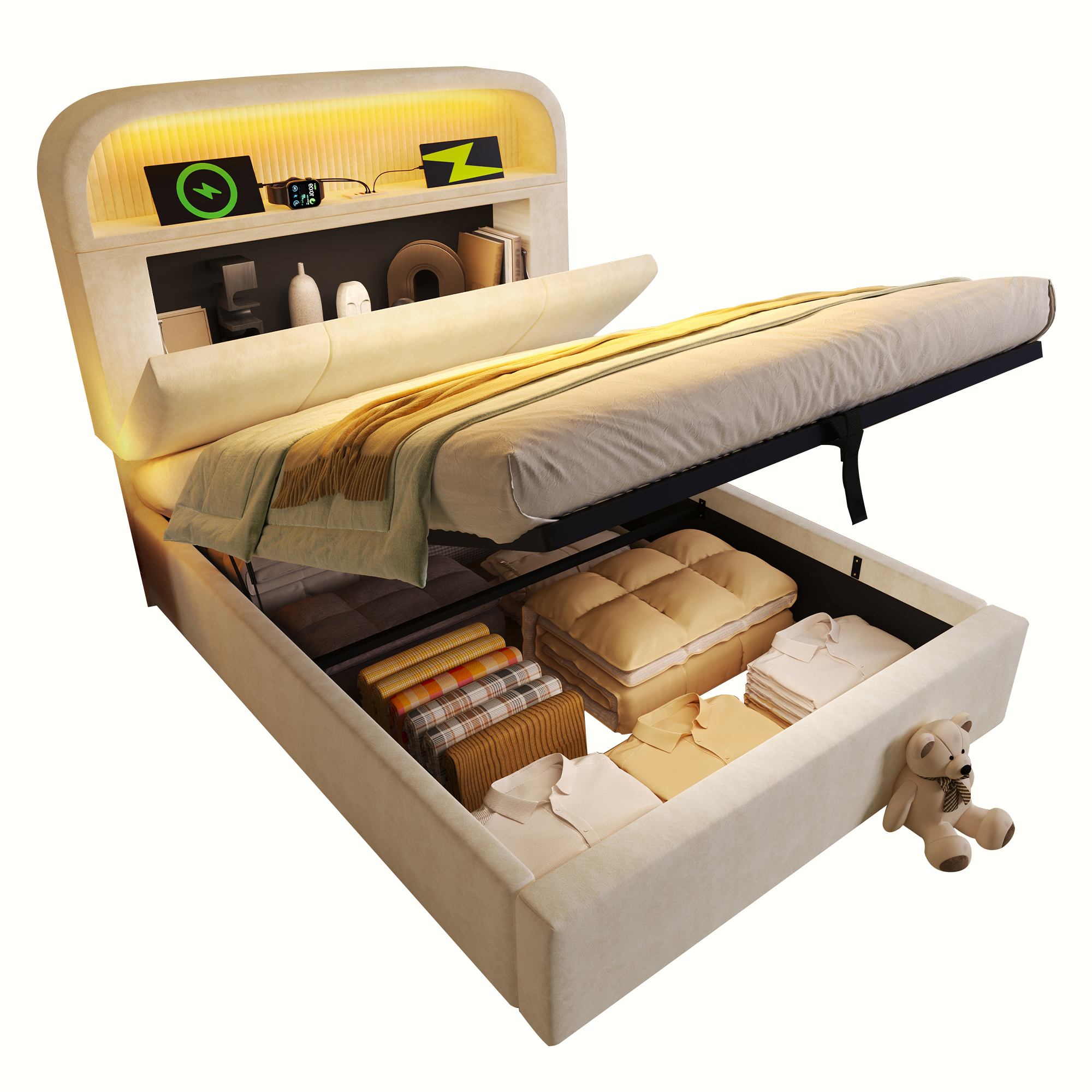 Verhoiltu yhden hengen sänky 90 x 200 cm, säädettävä sängynpääty säilytystilalla, LED, USB-C ja patja