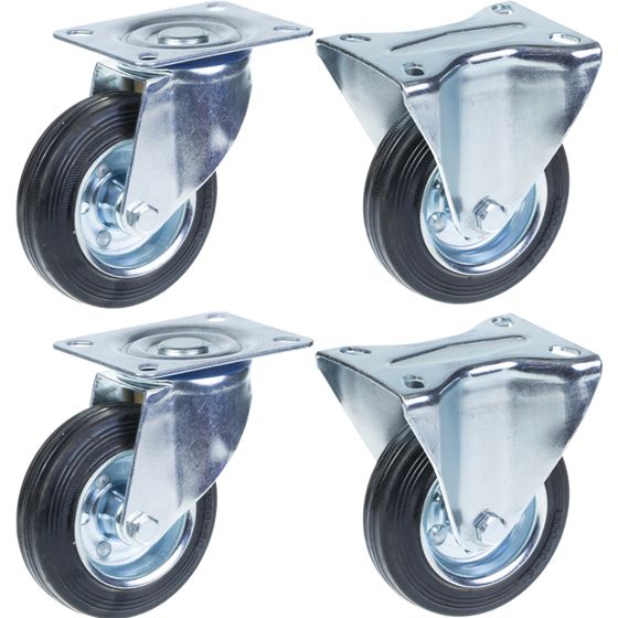 100 mm:n (4 tuuman) kumipyörä, kääntyvä ja kiinteä, kantavuus 360 kg, 4 kpl:n sarja