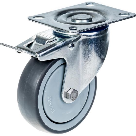 80 mm:n (3 tuuman) pyörä, harmaa kumipinta, kääntyvä ja jarrullinen, kantavuus 80 kg