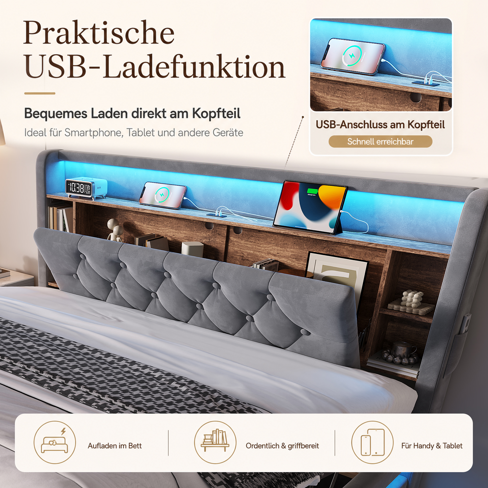 sänky 160x200 cm säilytystila LED-valaistus USB-liitännät hydraulinen turvallinen tummanharmaa sametti