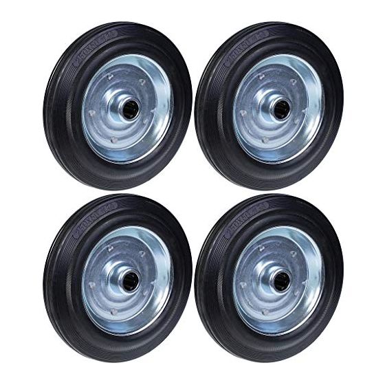 250mm 10" musta kumipyörä, jossa on puristettu teräksinen keskiöreikä 25mm 210kg - Sarja