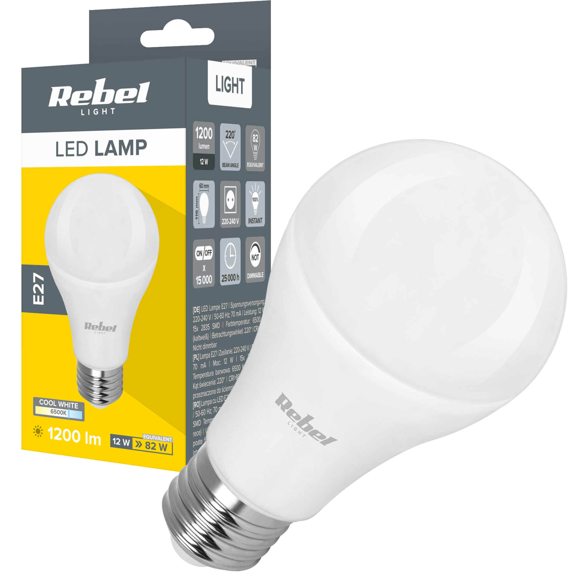 LED-lamppu A60 12W E27 6500K 230V Rebel