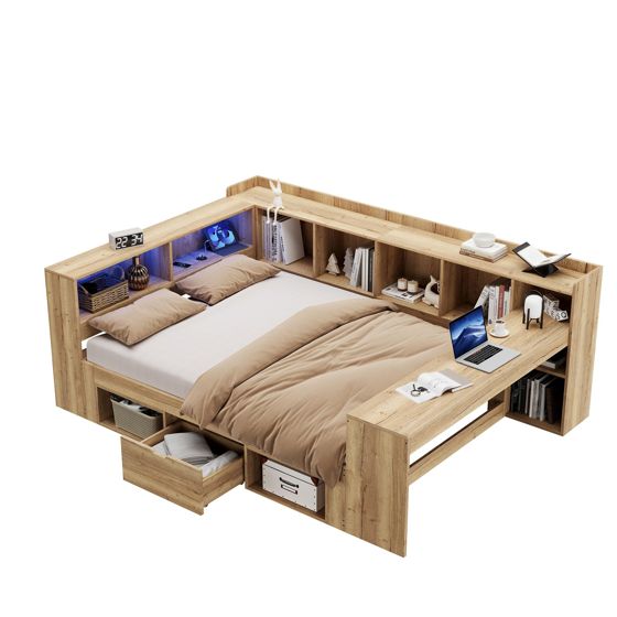 Päivävuode 140x200 cm hyllyillä ja laatikoilla, luonnonväri