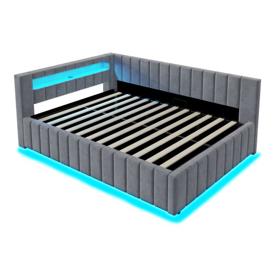 140x200cm hydraulinen pehmustettu sängynrunko, sametti, harmaa