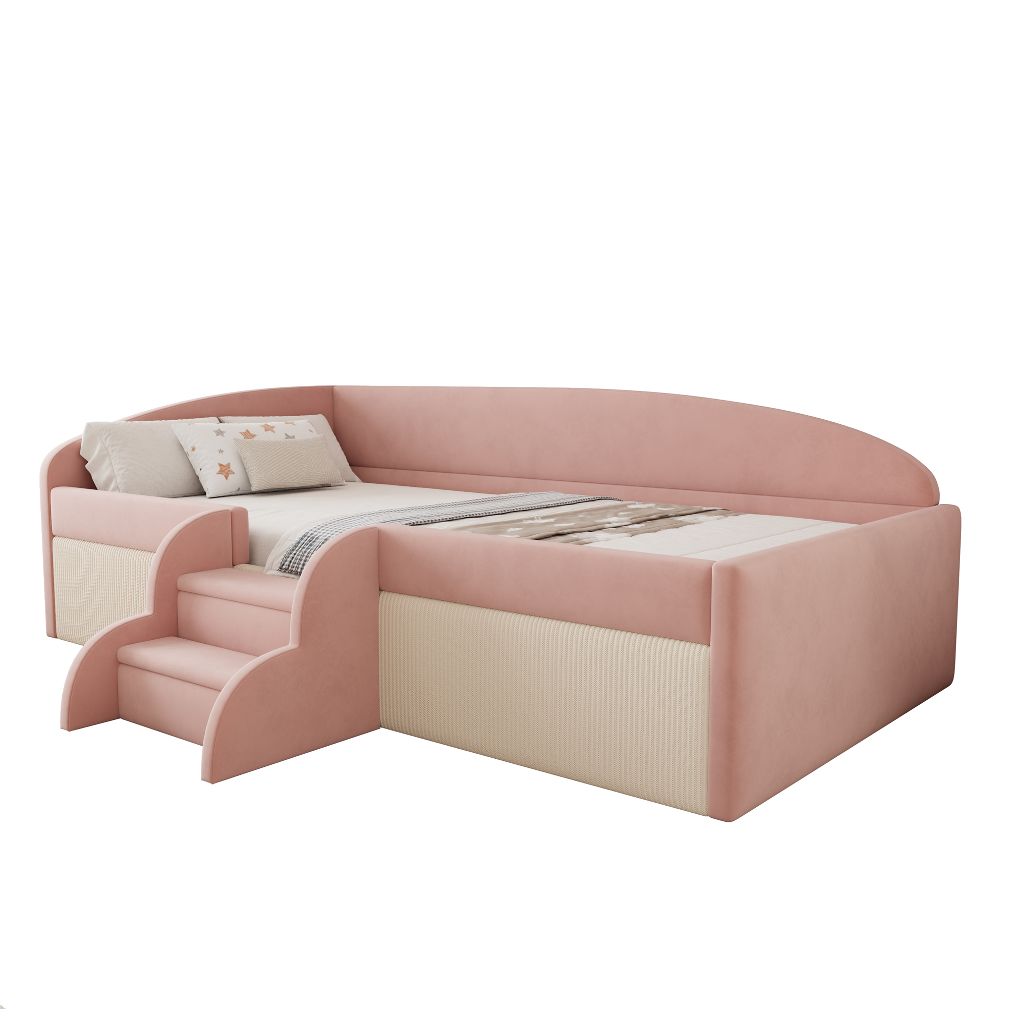 sänky 90x190 cm turva-aidat ja säädettävät astinaskelmat rosa ja kermanvärinen sametti
