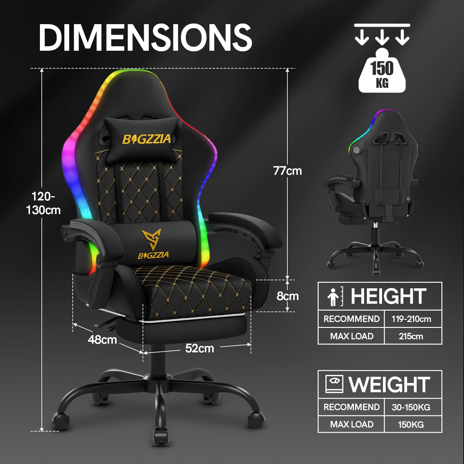 Pelituoli G01 RGB valolla ja Bluetooth kaiuttimilla Musta