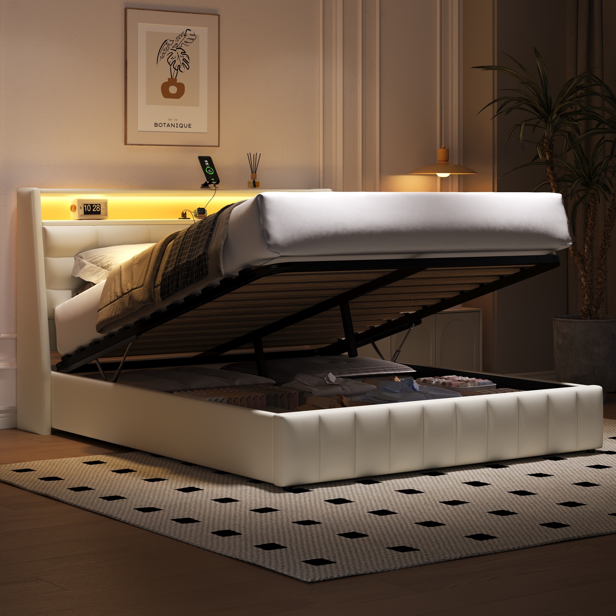 Verhoiltu tasosänky kooltaan 160 x 200 cm, LED-valaistus, USB-portti ja säädettävät tyynyt