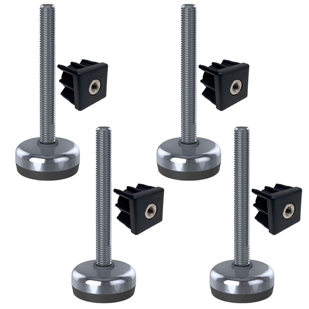 Ruostumaton teräsjalka M12x100, 50 mm:n pohja, kumityyny + sisäosa 30x30x1, 5 mm – 4 kpl:n sarja