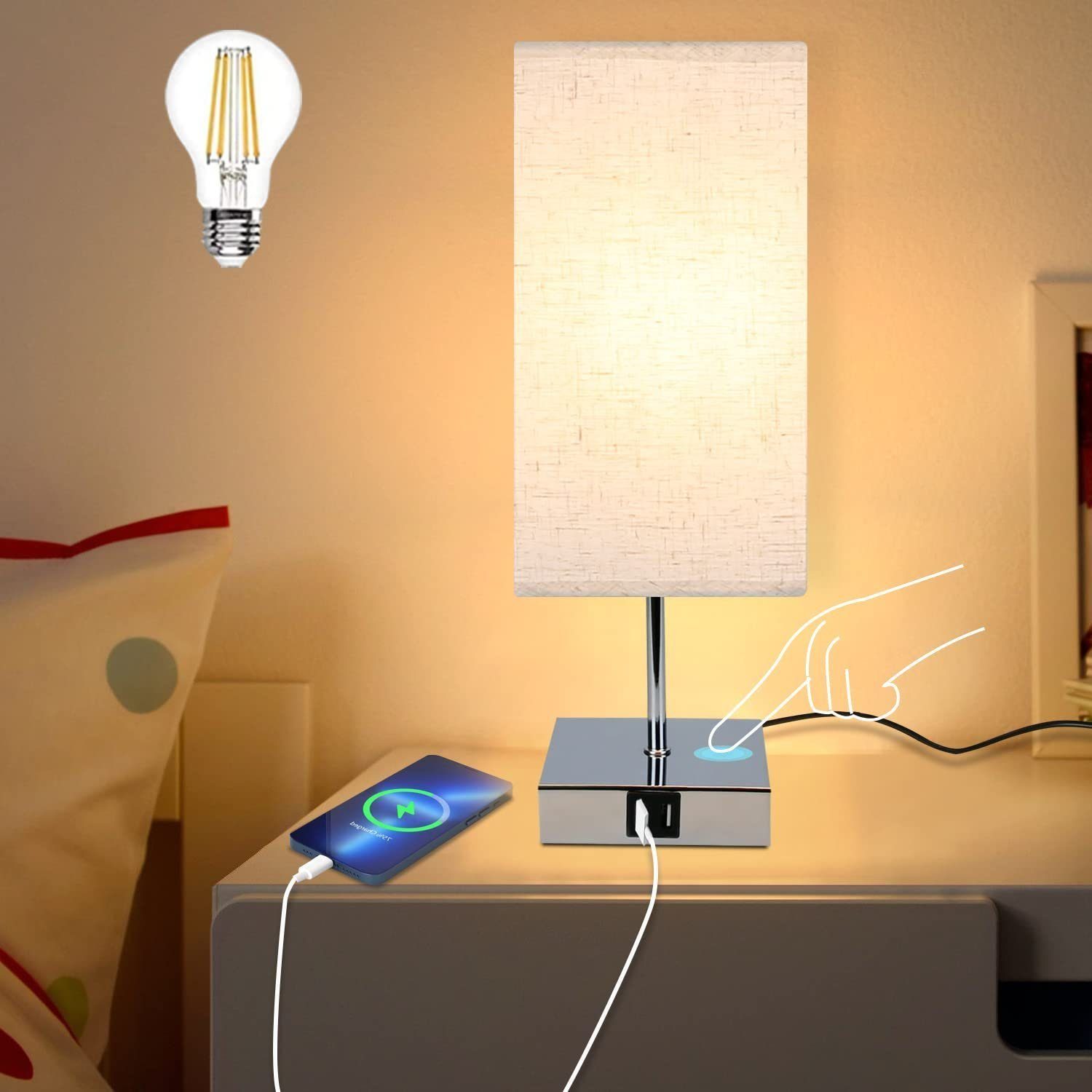 NETTLIFE Himmennettävä, Kosketusyövalaisin, Vintage, Kangasvarjostin, E27, USB - lataustoiminnolla