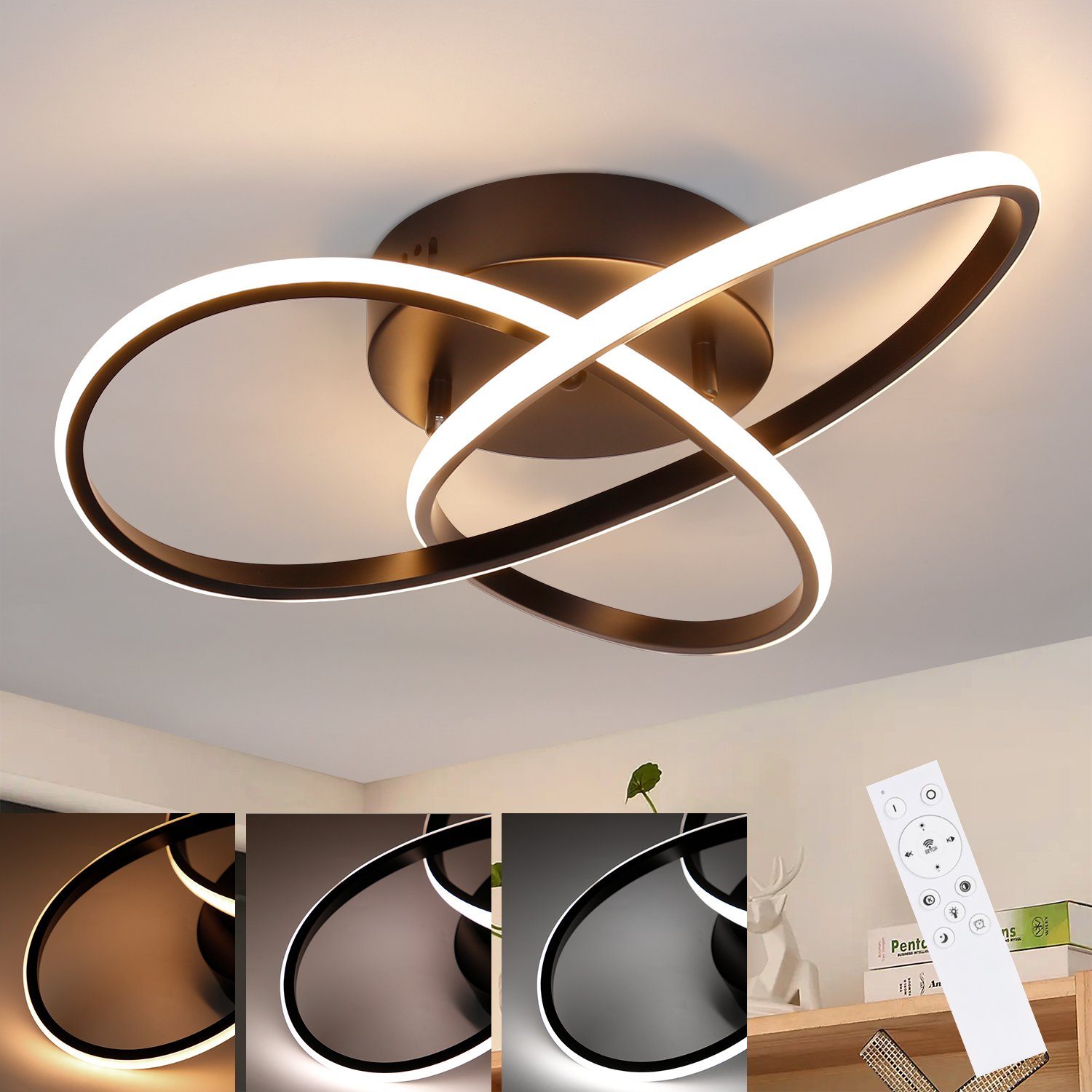 NETTLIFE himmennettävä LED - kattovalaisin, 33W, musta lamppu Kaukosäätimellä moderni, makuuhuonevalaisin 40cm olohuoneeseen Keittiöön Käytävään