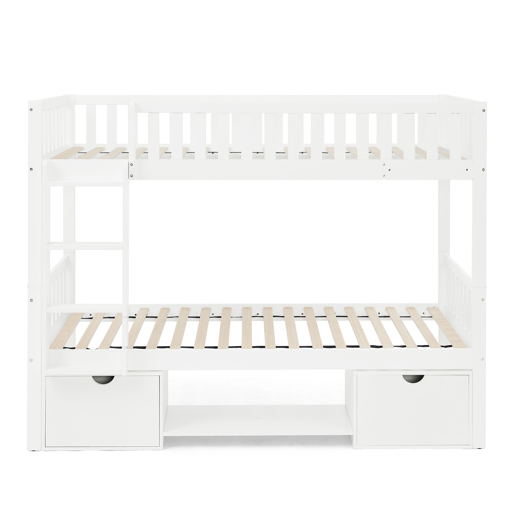 Sänky 90x200 cm turva-aidoilla ja säilytystilaan sopivilla laatikoilla valkoinen puinen