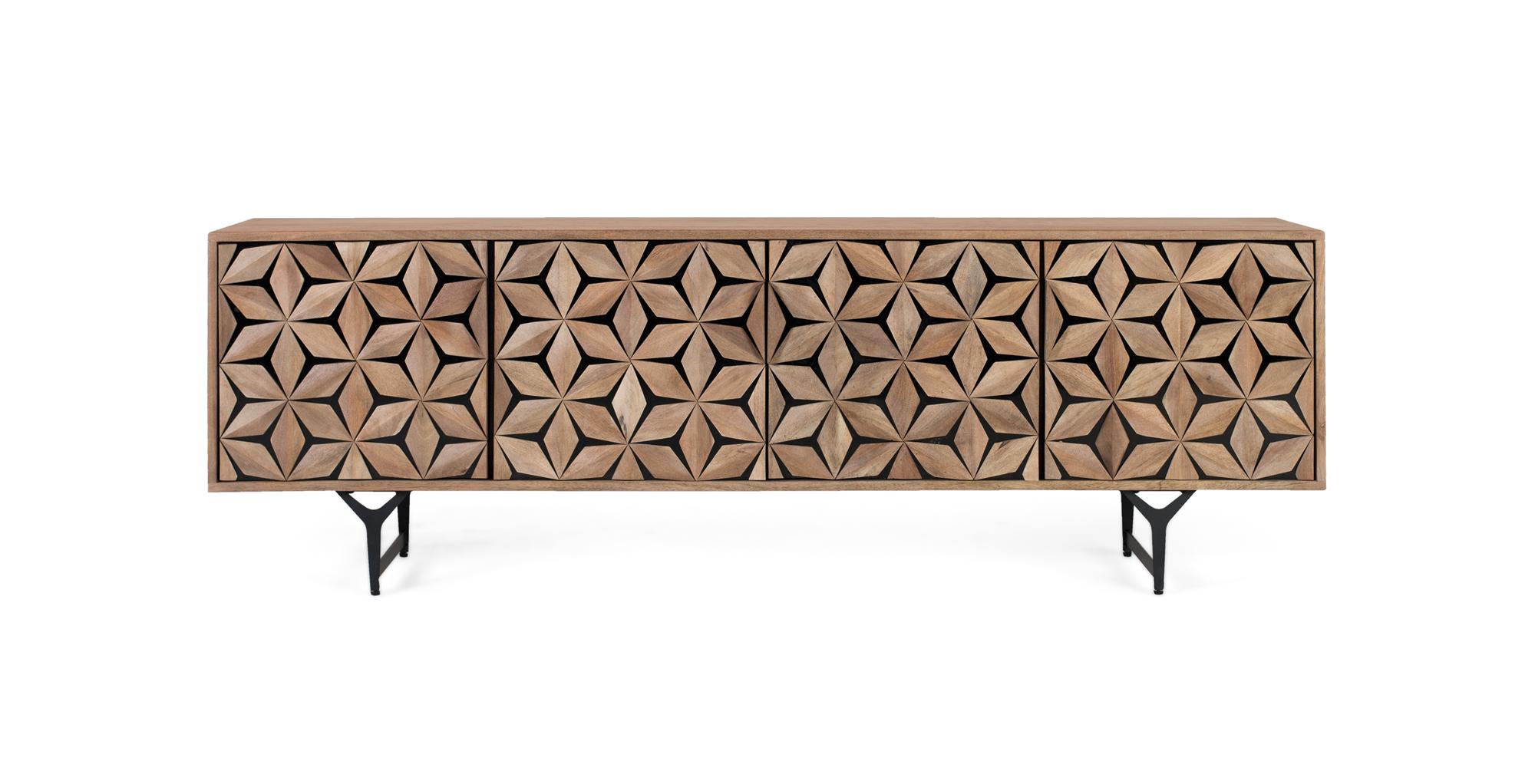 Käsintehty TV-taso mangopuusta, 4 ovea, 177 cm