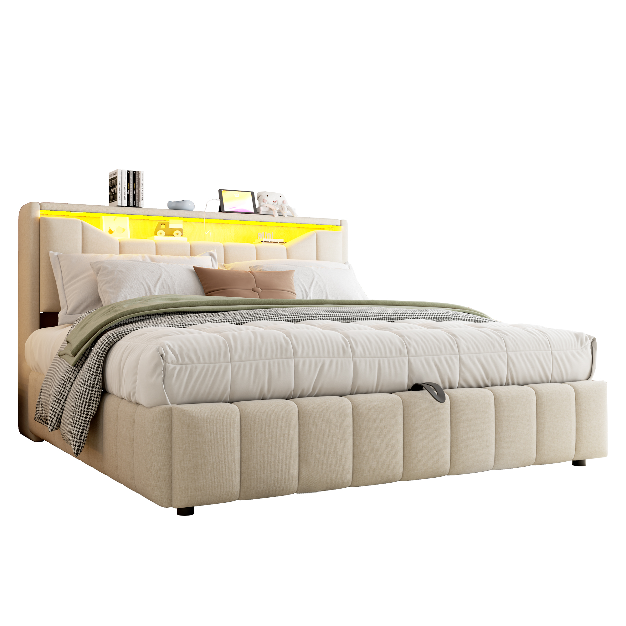 sänky 180x200 cm säilytystila hydraulisella avauksella LED-valaistus USB ja USB-C latauspaikat beige kangas