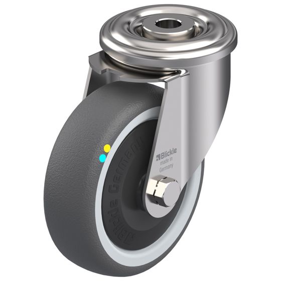 100 mm:n ruostumattomasta teräksestä valmistettu kääntyvä pyörä, jossa on harmaa sähköä johtava termoplasia