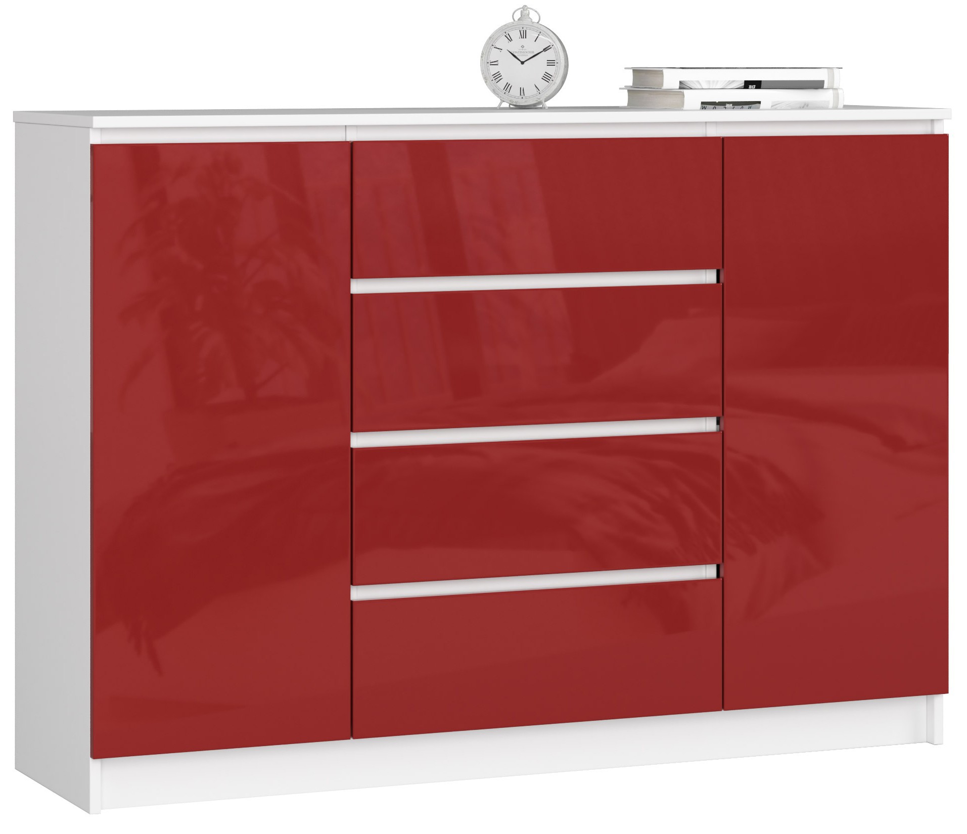 Akord Lipasto 2 Ovet 4 Laatikoa Valkoinen/Punainen Korkeakiilto 138x40x99