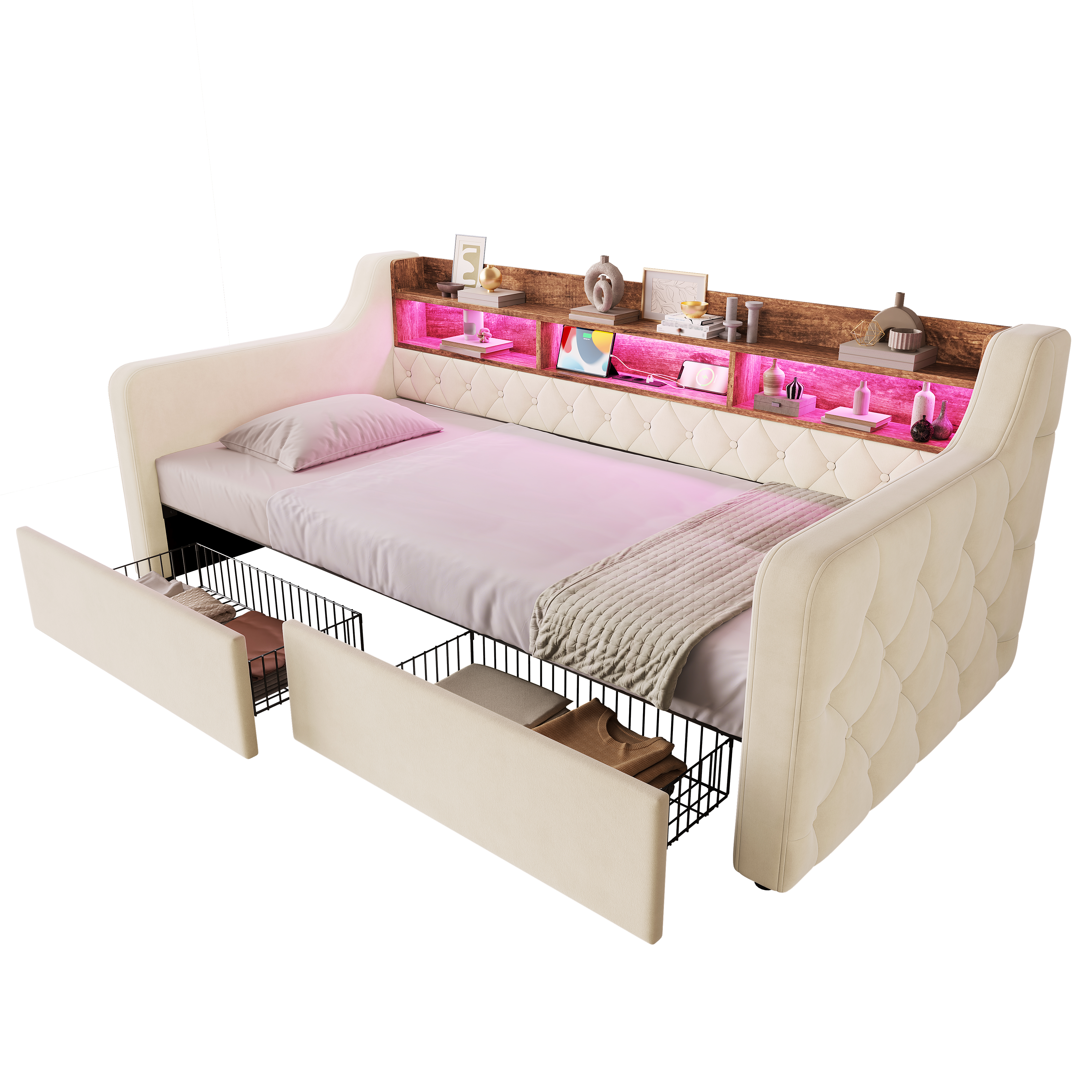sänky 90x190 cm LED-valaistus säilytystila laatikot sametti beige
