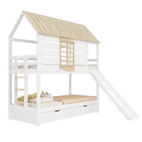 Vuodesänky 90x200 cm valkoisena+luonnonvärisenä liukumäellä ja 2 laatikoilla